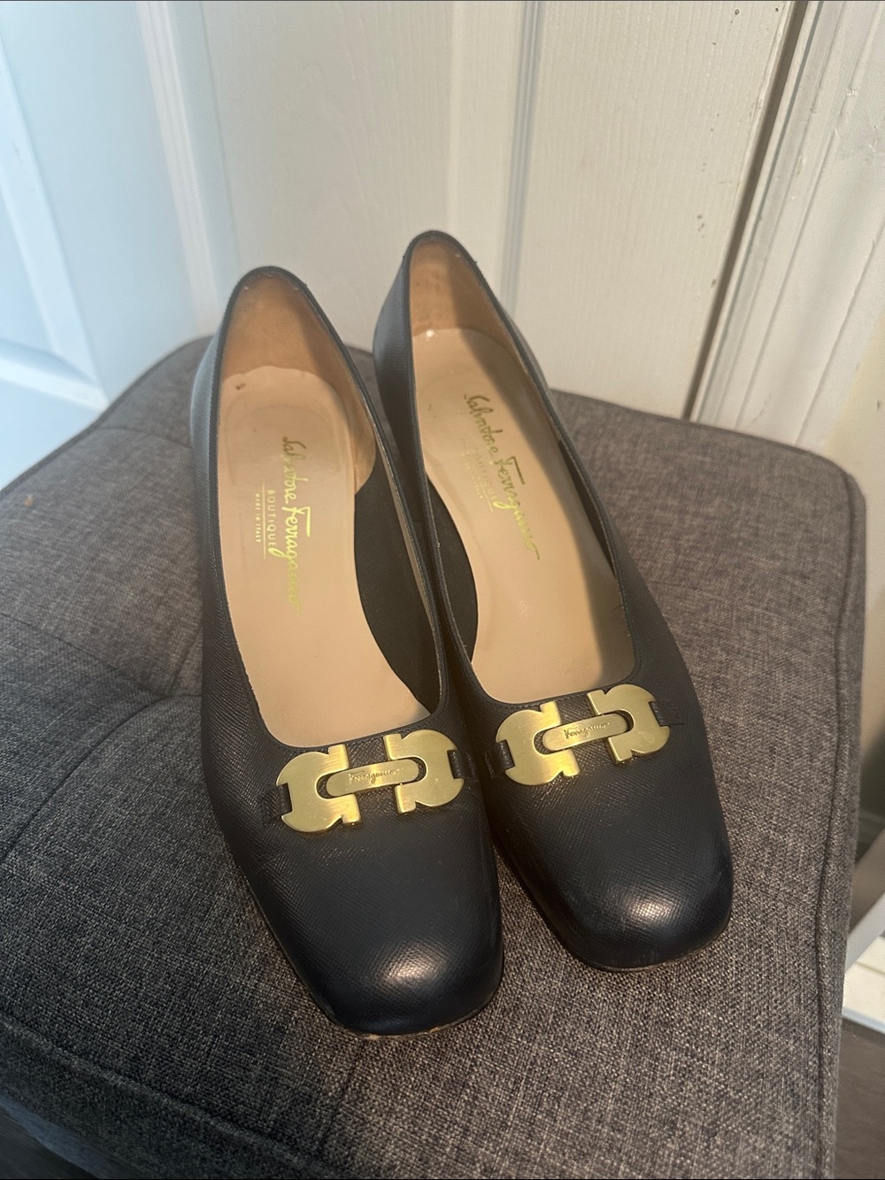 Salvatore Ferragamo Dark Navy Blue/ Leather Pumps with Gold Gancini Hardware